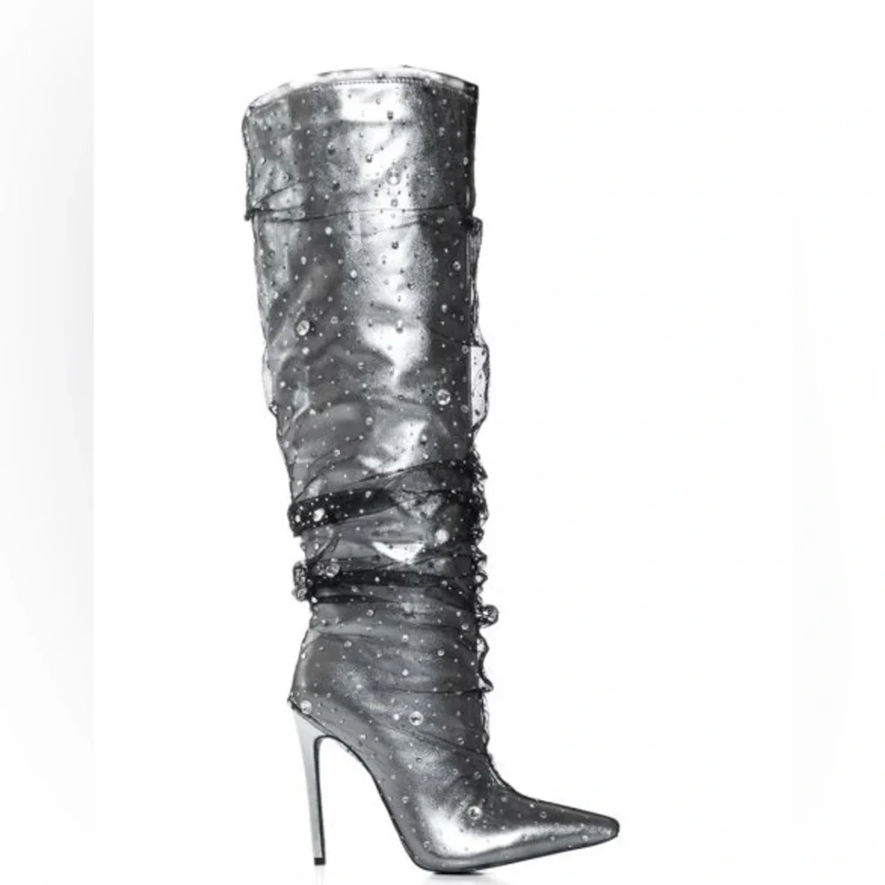 AZALEA WANG Silver Metallic Gemstone Embellished Stiletto High Heel Boots